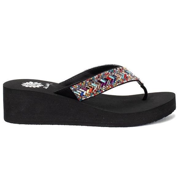 🛍️Yellow Box Multicolor Beaded Black Wedge Sandals - Picture 2 of 9